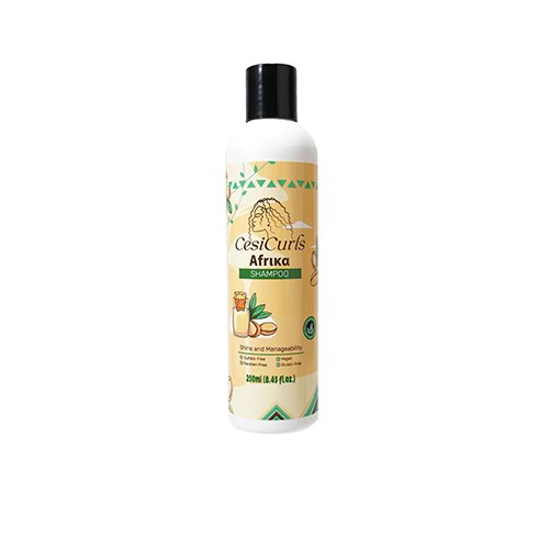 Envase frontal del Champú África de CesiCurls, fórmula sin sulfatos ni parabenos con argán y macadamia.