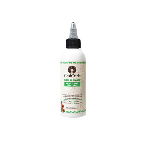 Envase frontal del Tratamiento Anti-Picazón de CesiCurls, fórmula vegana con aceites de menta, árbol de té y ricino.