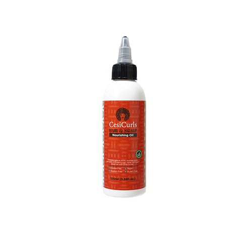 Botella frontal del Aceite Nutritivo de CesiCurls, fórmula vegana con karité, argán y semilla de uva.