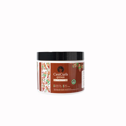 Envase frontal de la Mascarilla Capilar Quench de CesiCurls, terapia intensiva con aceites de argán, marula y macadamia.