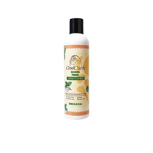 Envase frontal del Acondicionador Savana Fresh de CesiCurls, fórmula calmante y anticaspa con menta y cáñamo.