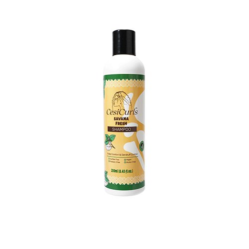 Envase frontal del Champú Savana Fresh de CesiCurls, fórmula calmante y anticaspa con menta y cáñamo.